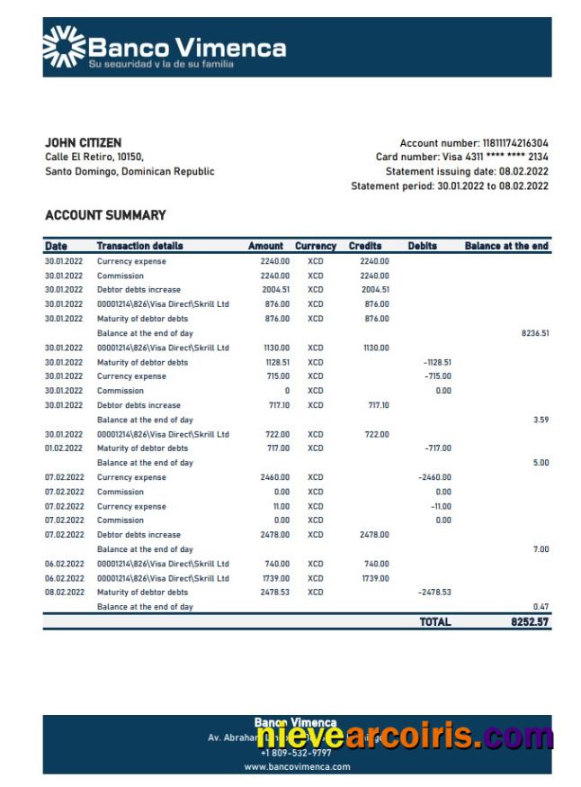 Dominican Republic Banco Vimenca bank statement